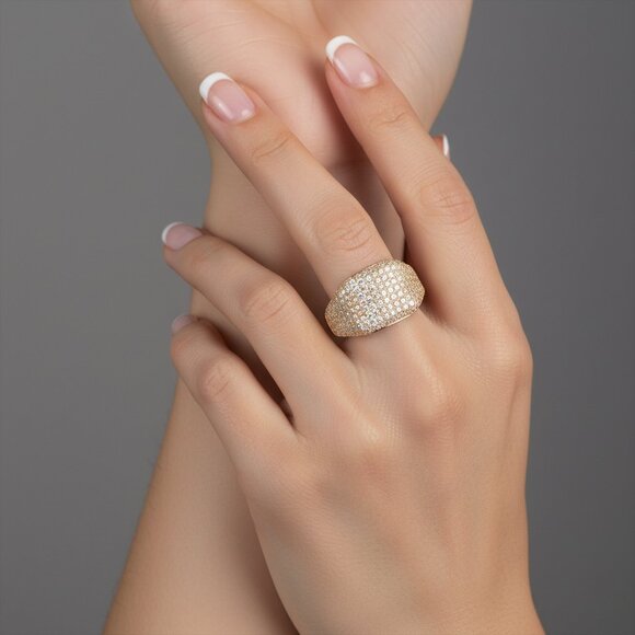 Luxury Ring 14K (or 18k upon request) Yellow Gold Wide Pave Diamond Ring - Picture 3 of 4